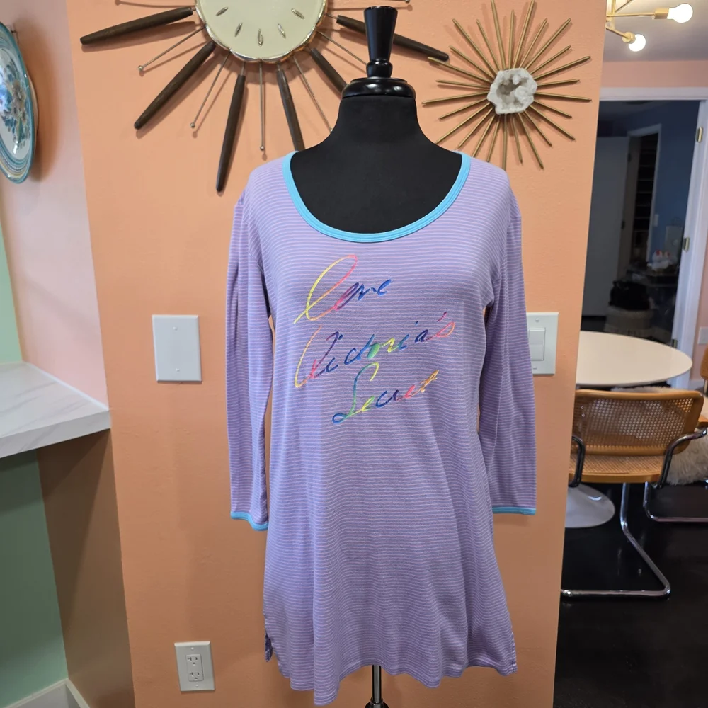 Victoria's Secret XS Cotton Nightgown Purple Striped Pajamas Rainbow Logo